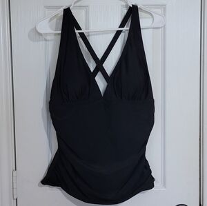 Beach Sissi V neck tummy control tankini top, criss cross back, L, Black